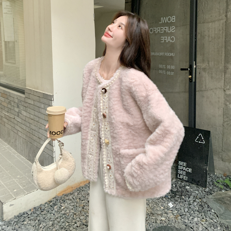 加厚风小香风粉色羊羔毛短外套冬季女秋冬2025新款毛茸茸气质夹克