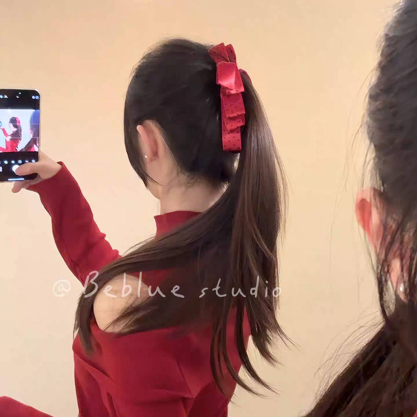 新年红多层蝴蝶结发夹女圣诞氛围感侧边夹气质甜美发饰