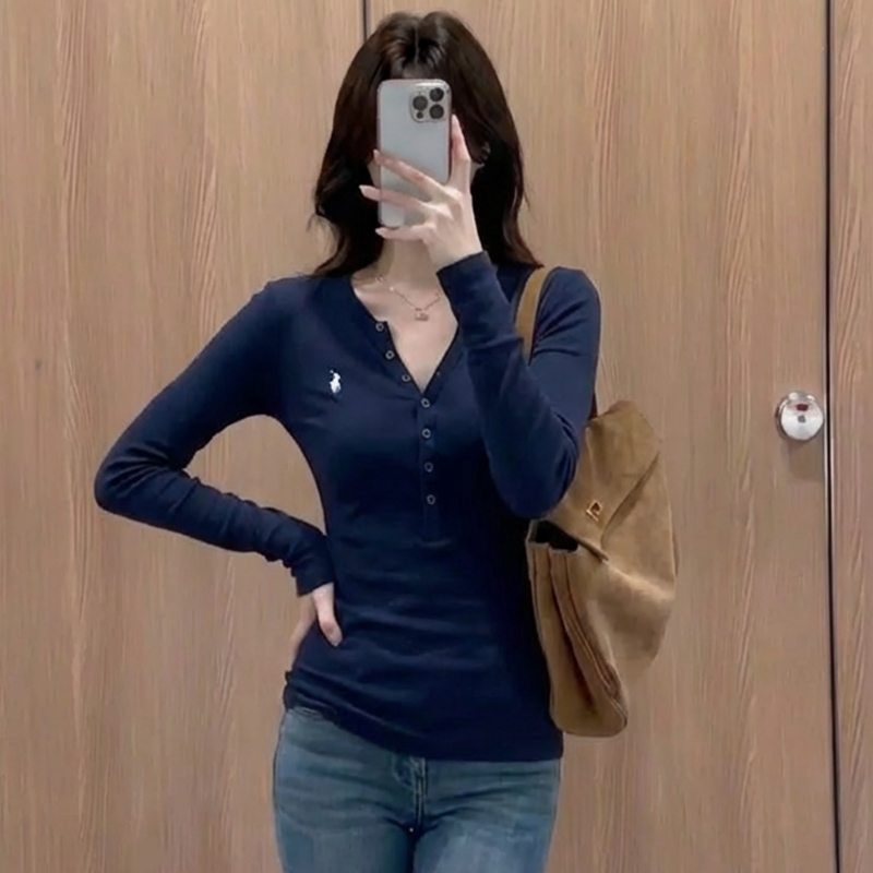 胖mm大码女装纯色刺绣半开领长袖T恤女秋冬季修身百搭打底衫上衣