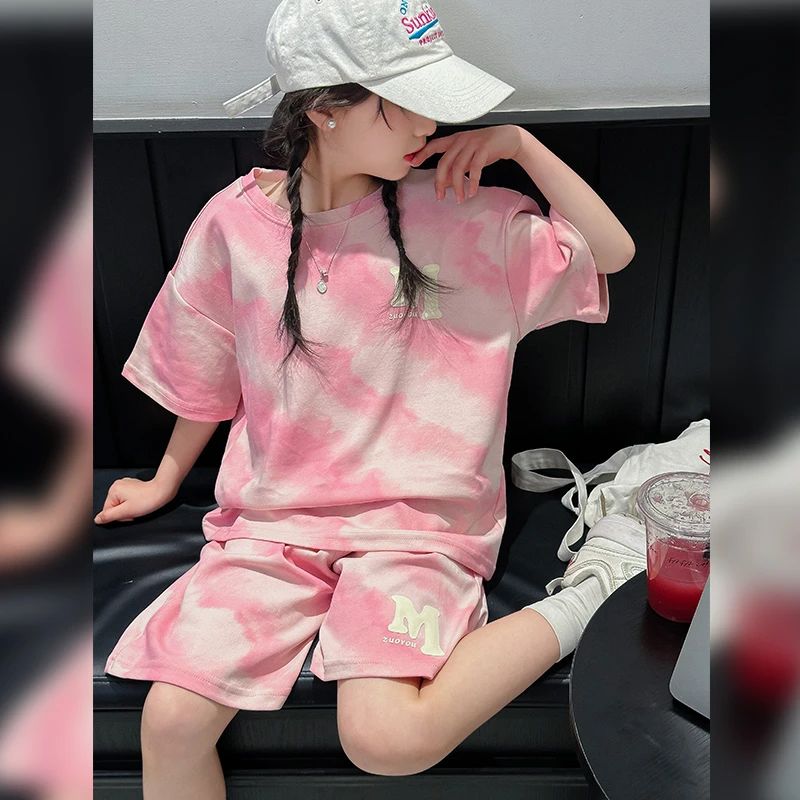女童套装夏季2025新款洋气儿童时髦扎染短袖中大童夏装短裤两件套