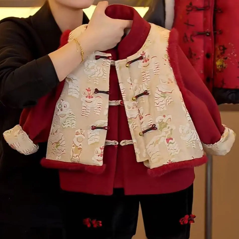 【拜年服】冬季2025新款加厚汉服儿童喜庆棉衣马甲套装新年拜年服潮