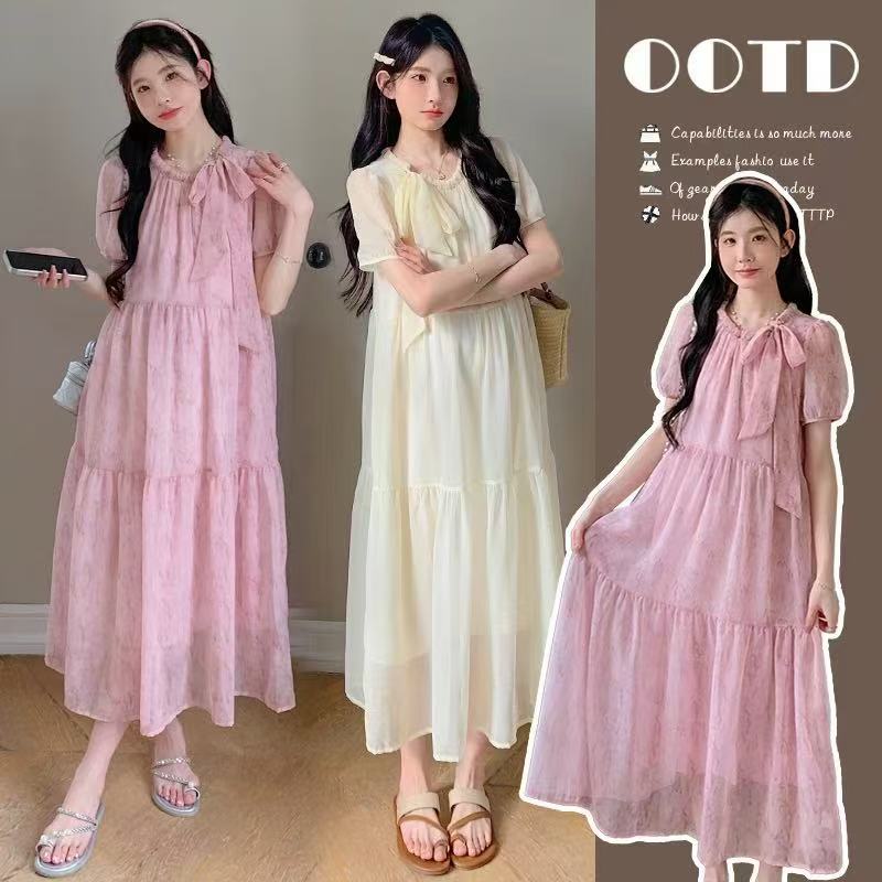 孕妇装2025夏季新款法式蝴蝶结绑带设计感甜美宽松孕妇短袖连衣裙