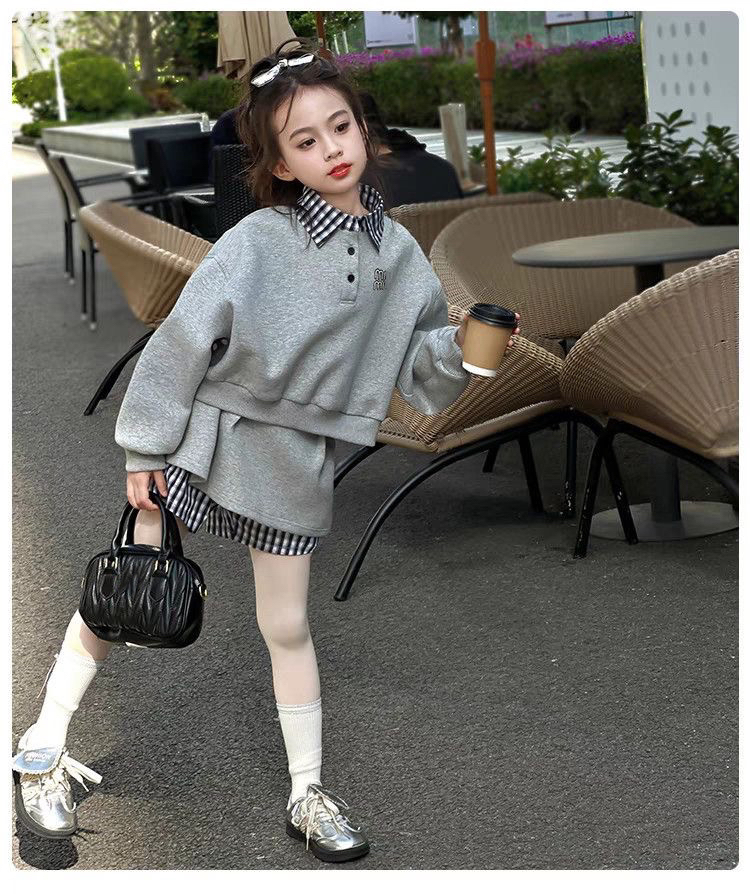 女童套装春秋新款印花翻领假两件卫衣格子拼接裙子休闲卫裤两件套