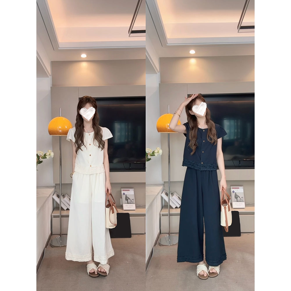 【悸动时刻】微胖大码设计感花边短袖小衫+松紧腰阔腿直筒裤套装女