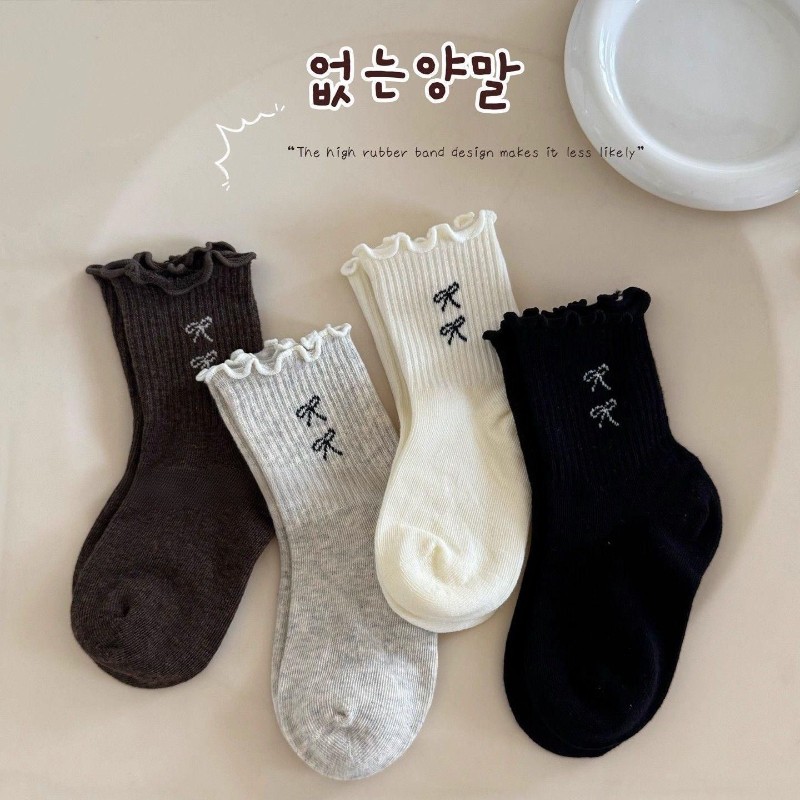 春秋棉袜女童袜子儿童木耳边公主薄款花边女孩蝴蝶结宝宝中筒堆堆