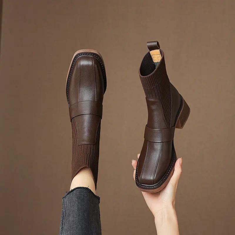 [鞋老板4]秋冬新款牛皮针织英伦风方头女短靴舒适时尚百搭手工靴