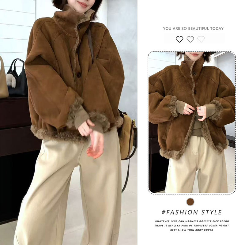 美拉德复古加绒短款外套女秋冬季小个子时尚百搭加厚皮毛一体上衣