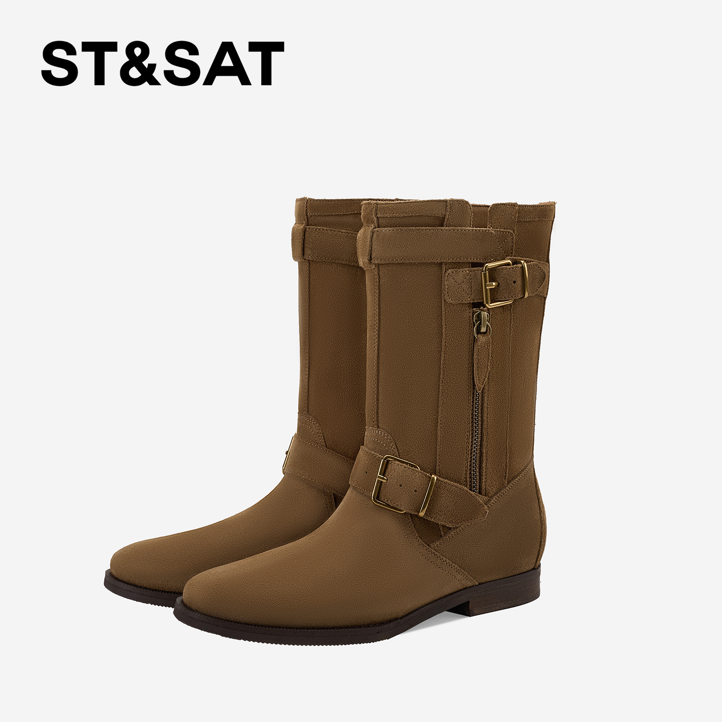 St&Sat/星期六2025新款复古皮带扣中筒靴粗跟圆头星期六长筒女靴