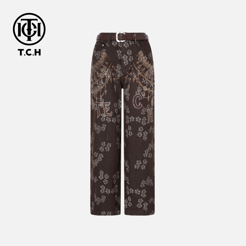 TCH轻奢烫钻工艺秋季时尚印花直筒牛仔裤T75C20E1107私服tch
