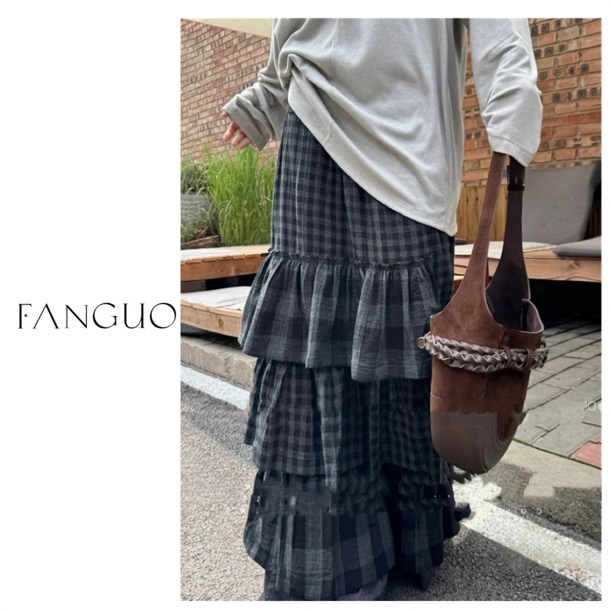 韩国op*y设计师款 复古个性蕾丝花边格子蛋糕半身裙大摆裙B5971