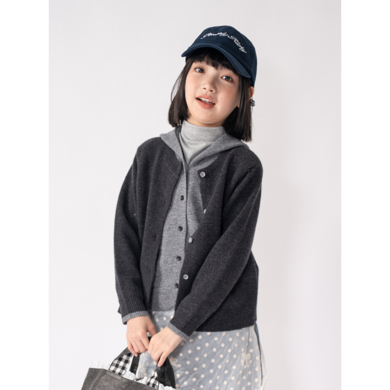 ‘简单’【100%羊毛】女童假两件连帽领纽扣开衫外套儿童羊毛衫