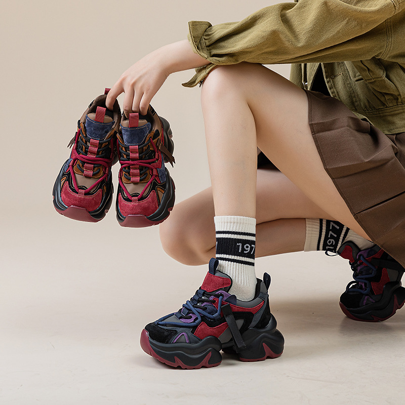 真皮老爹鞋女秋冬新款百搭真皮加绒欧洲站厚底小个子复古运动鞋潮