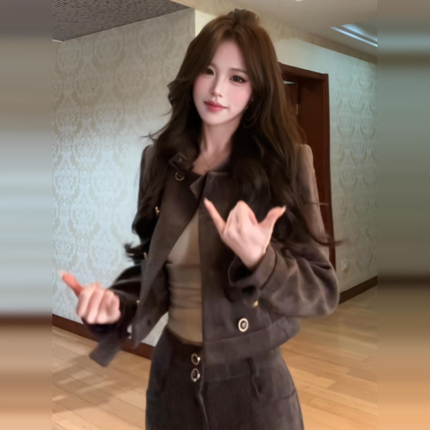 【现货+运补】美拉德复古咖色上衣女长裤早秋韩系穿搭一整套8524