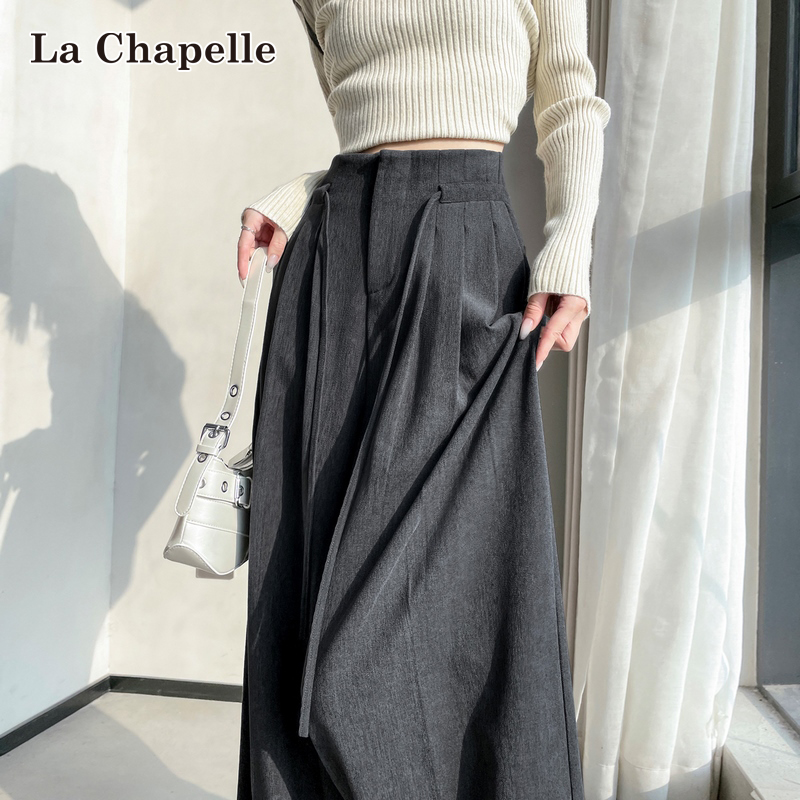 拉夏贝尔灰色毛呢西装阔腿裤女秋冬加绒设计感绑带高腰直筒拖地裤