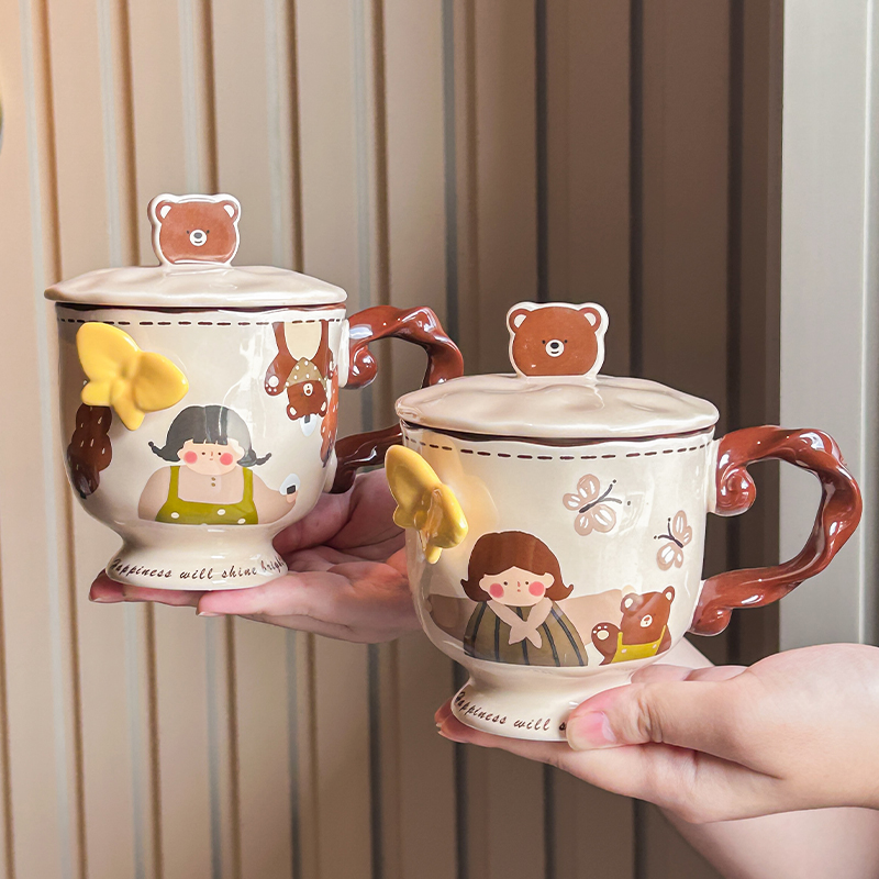 可爱马克杯浮雕蝴蝶喝水杯带盖勺高颜值陶瓷杯礼盒生日礼物伴手礼