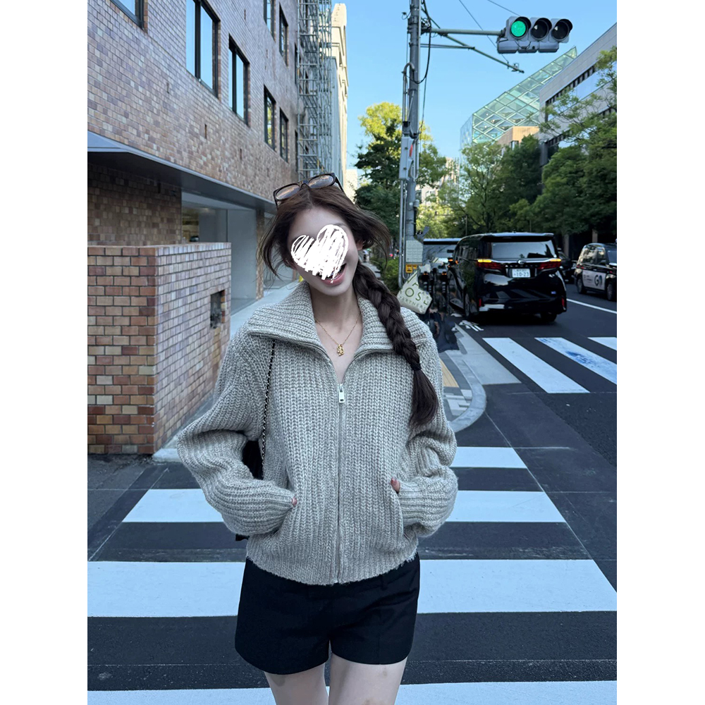 重磅粗针针织衫女秋冬新款韩系高级感翻领毛衣外套 60919