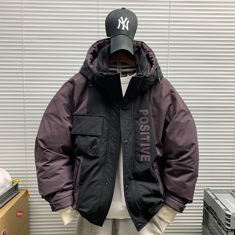 冬季新款拼接撞色工装潮牌连帽羽绒服外套男休闲宽松防风保暖夹克