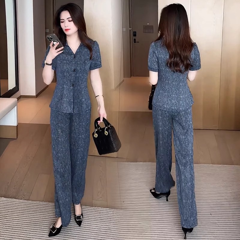 夏季新款休闲时尚穿搭气质洋气宽松减龄显瘦长袖套装50