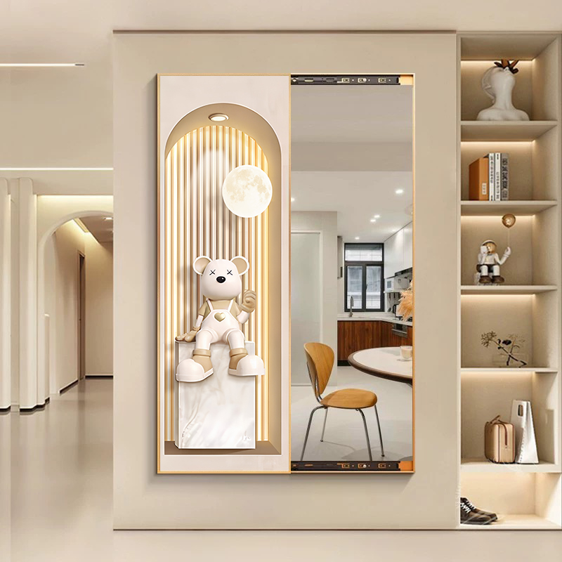 奶油风隐藏推拉镜可关闭穿衣镜玄关客厅卧室全身镜推拉隐藏式