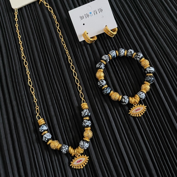 铜合金亚克力项链 如饰 古法眼睛三件套时尚复古气质百搭