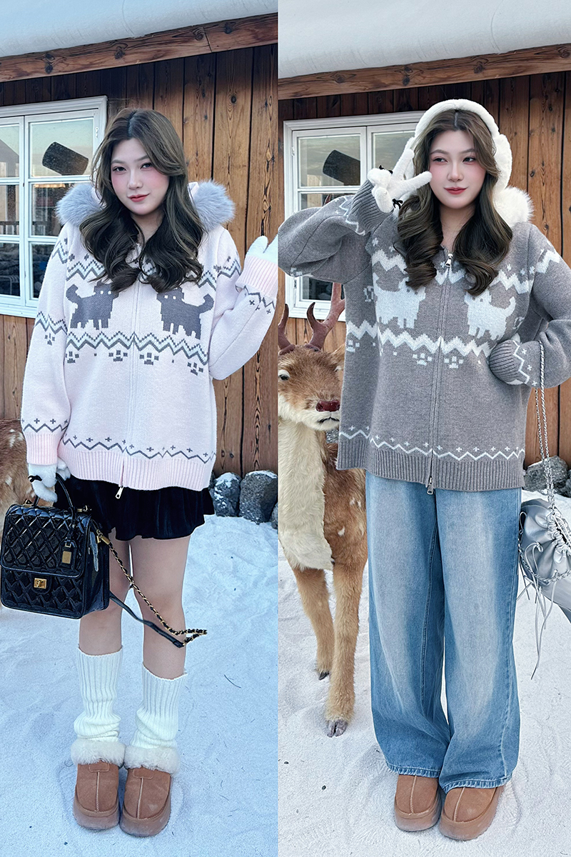 大码秋冬改良正肩韩版费尔岛毛领长袖毛衣开衫外套猫咪显瘦女8078