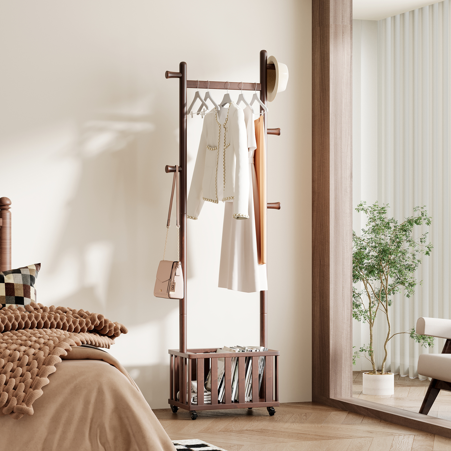 2025秋冬实木挂衣架可移动脏衣篓衣架卧室晾衣架客厅落地式衣架子