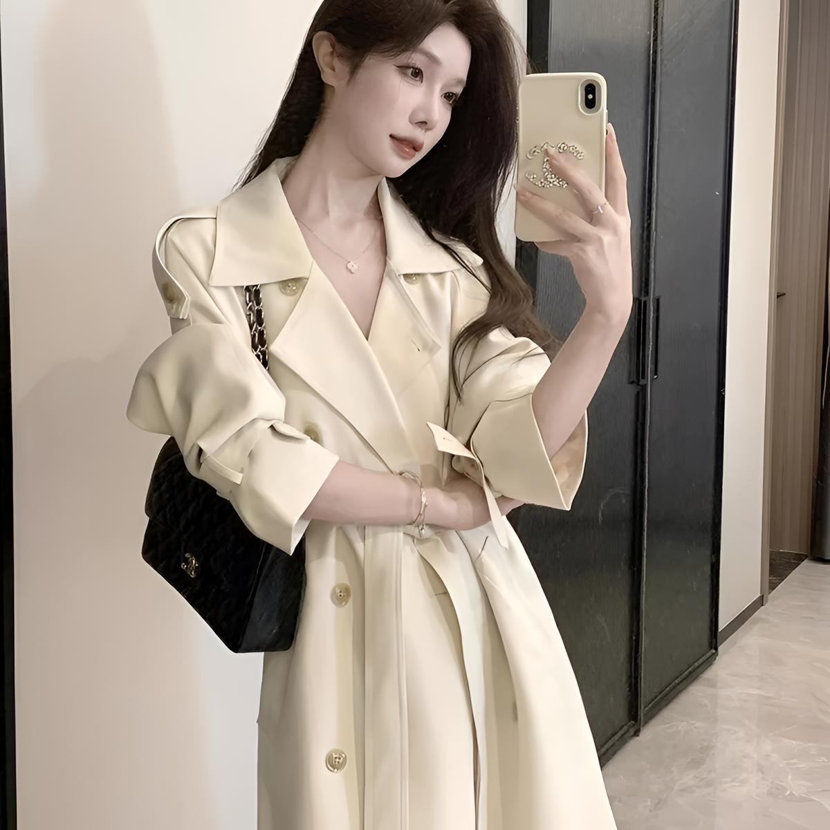 米白色高级感韩系风衣外套女2025新款春秋季收腰显瘦小个子中长款