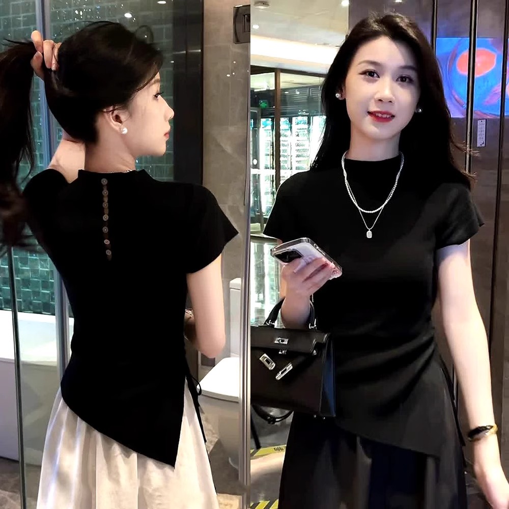纯棉黑色修身掐腰开叉正肩短袖T恤女夏季新款不规则设计高级上衣