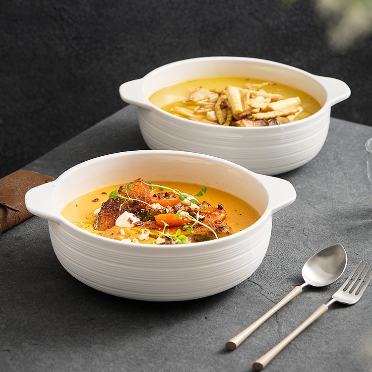 法式螺纹10.5英寸双耳汤碗家用陶瓷碗酸菜鱼大盆碗新款菜碗汤盆