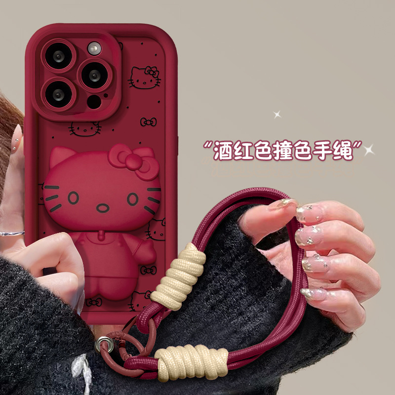 适用15手机壳iPhone17promax猫咪镜子支架挂绳16/14磨砂硅胶8