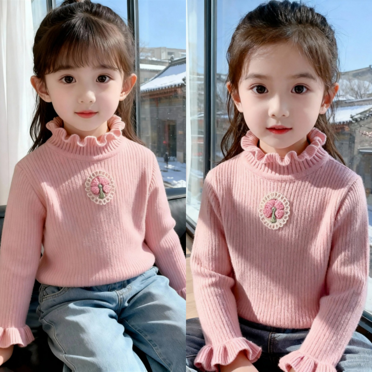 一体绒女宝宝毛衣2025新款爆款木耳边洋气小童内搭女童打底针织衫