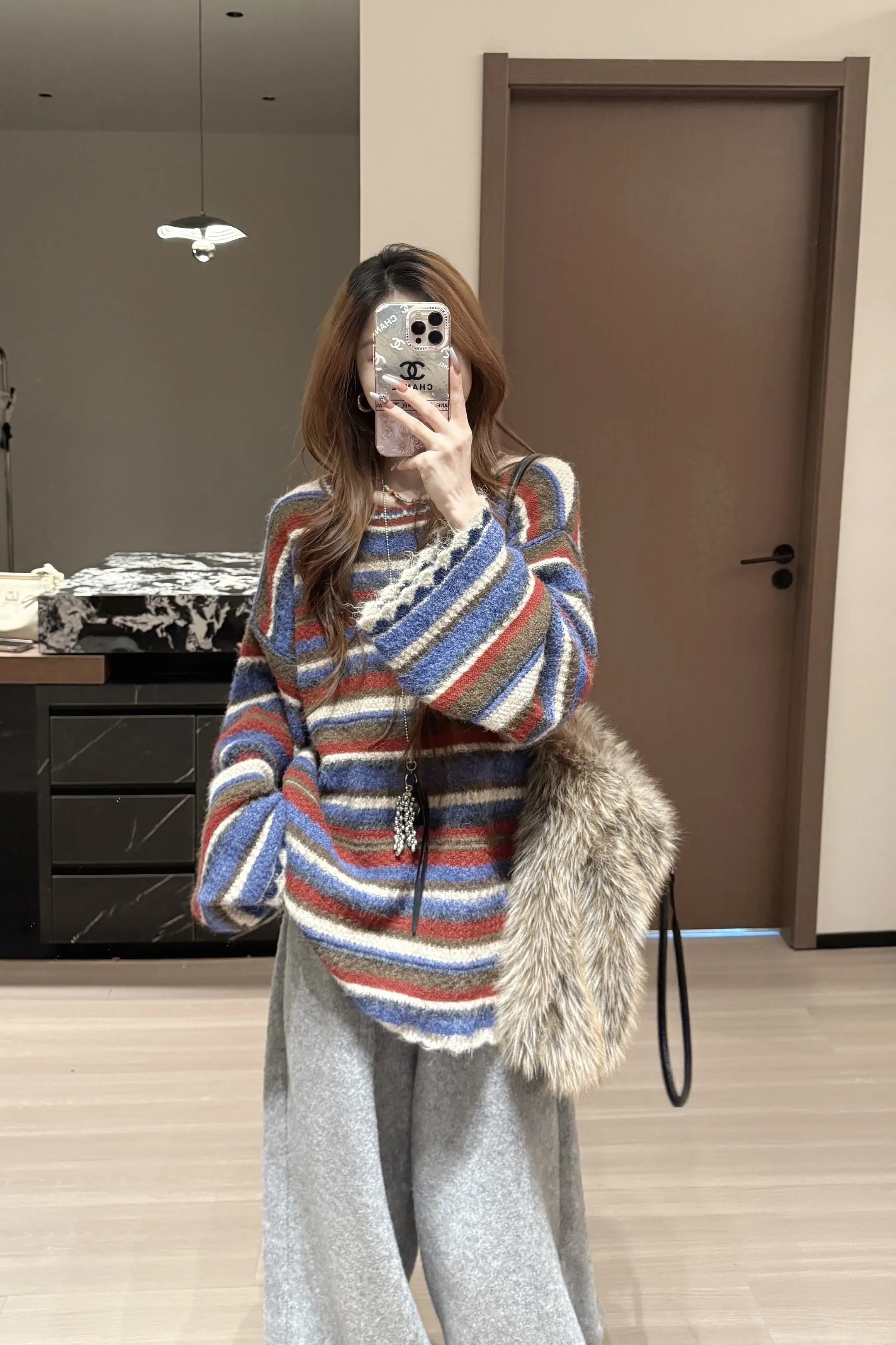 2025圣诞系列条纹撞色设计感毛衣复古慵懒风阔腿裤两件套时尚套装