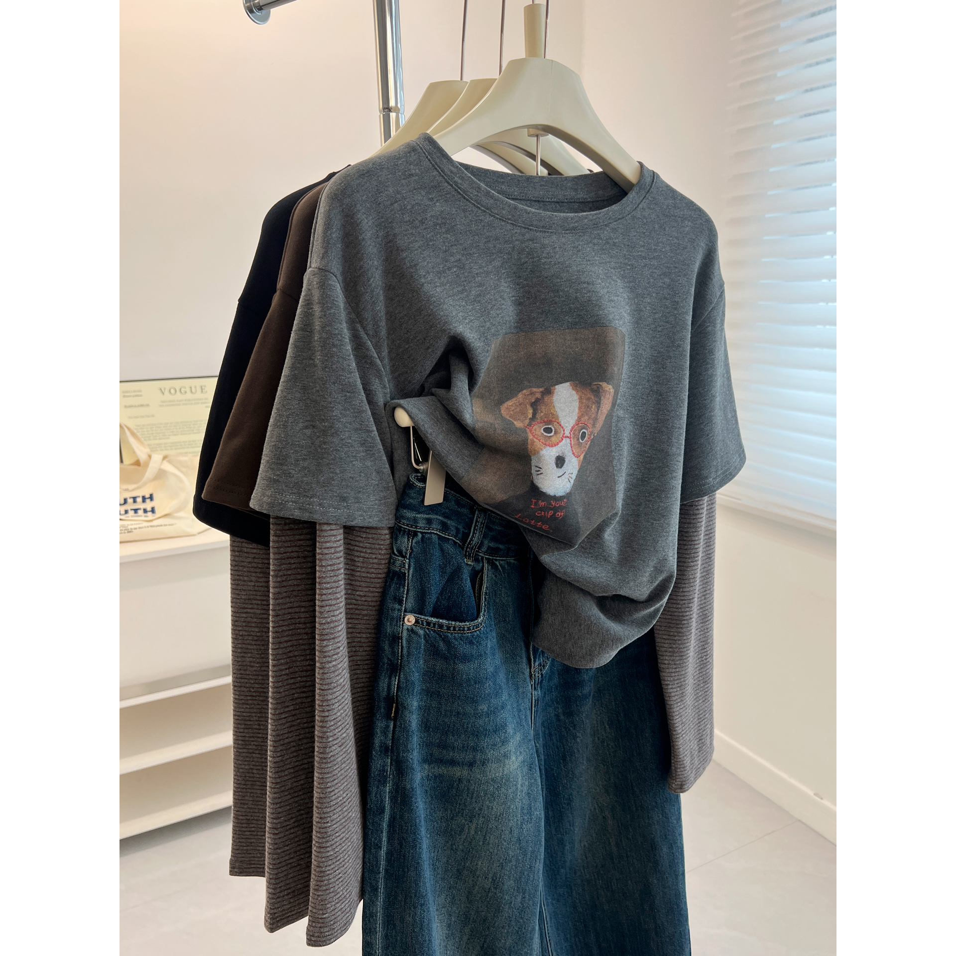 秋冬新款韩系大码磨毛加厚小狗印花长袖T恤女假两件圆领宽松上衣