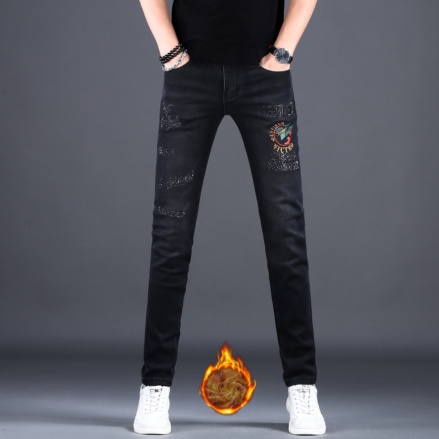 冬季厚款高端烫钻刺绣牛仔裤男款加绒男裤保暖潮流修身小脚休闲裤