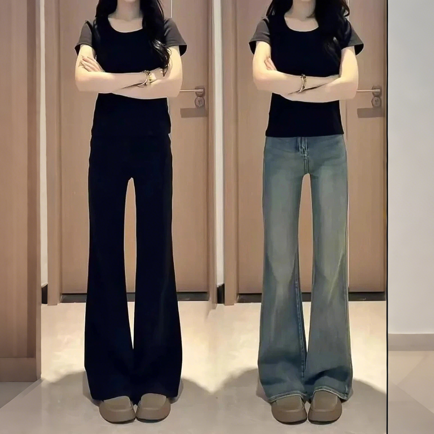 复古怀旧高腰微喇牛仔裤女秋冬新款大码弹力加绒裤子胖mm加绒款