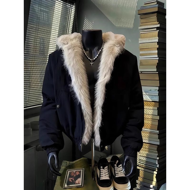 美式座山雕毛领连帽外套男女冬季加绒加厚短款cleanfit夹克棉服潮