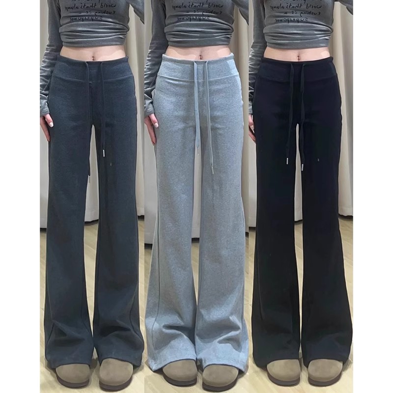 灰色运动裤女春夏薄款窄版阔腿裤2025高腰加长高个子休闲直筒裤子