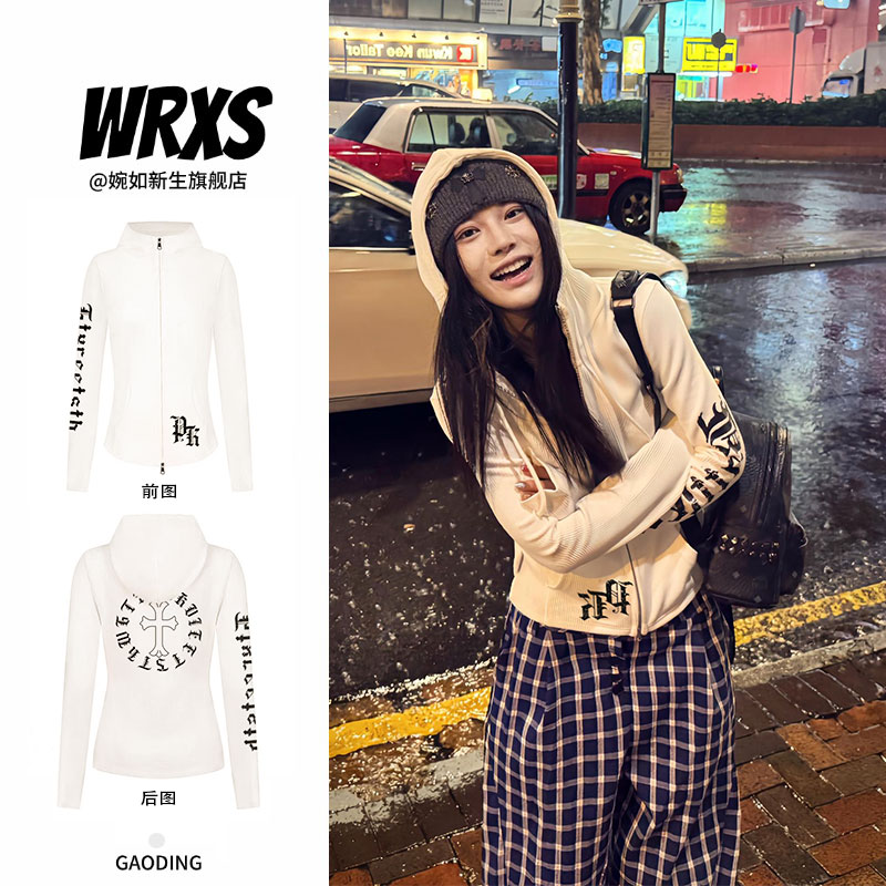 【婉如新生】美式辣妹印花连帽卫衣针织衫女秋季修身短款外套港风