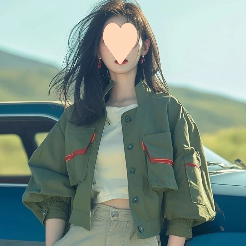 早秋新款独特好看短外套韩系酷飒宽松高级感绿色飞行员工装夹克