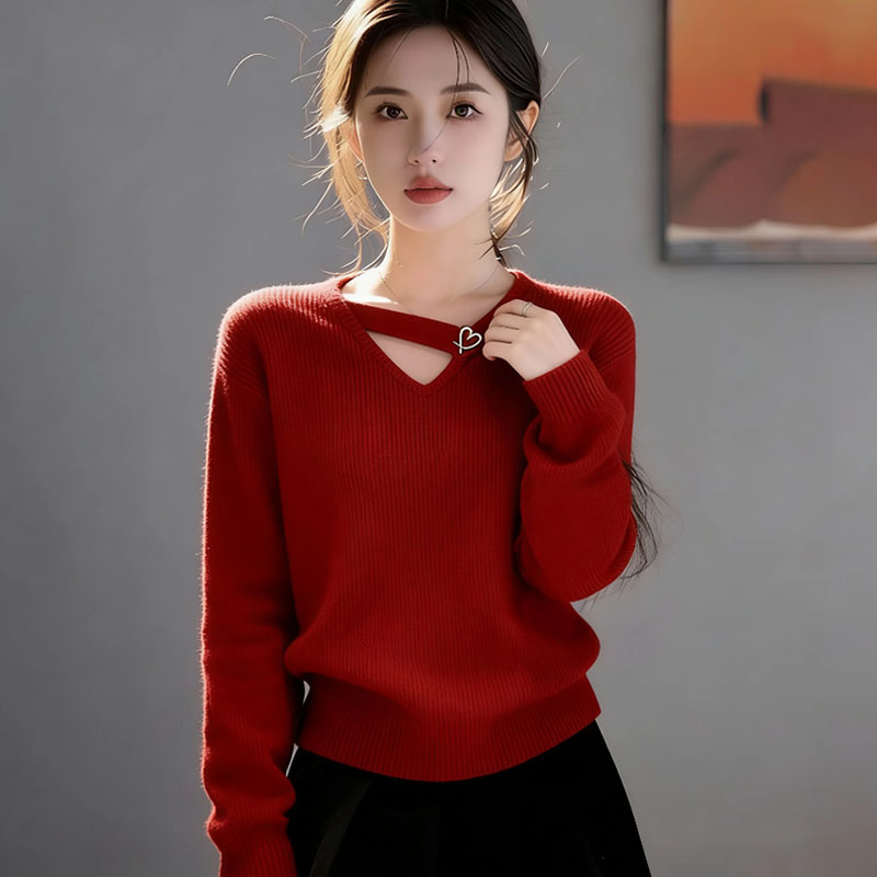2025冬季新款法式轻奢时尚气质女装爆款洋气绝美红色毛衣针织衫女