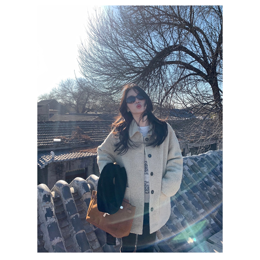 中长款毛呢毛呢外套直下摆开衫长款复古翻领女上衣-3615