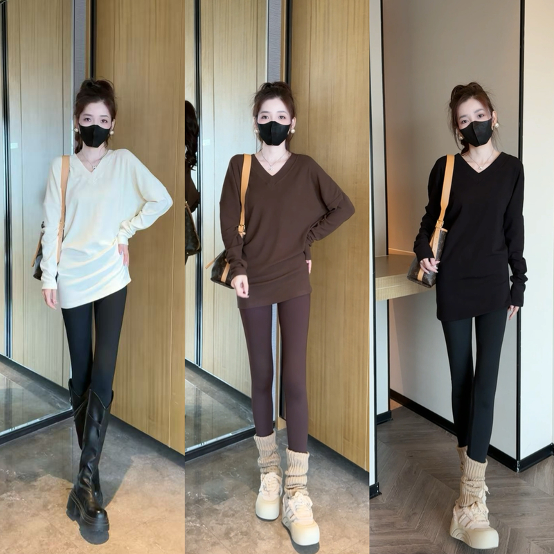 V领素版蝙蝠袖磨毛百搭T裙+打底裤时尚套装