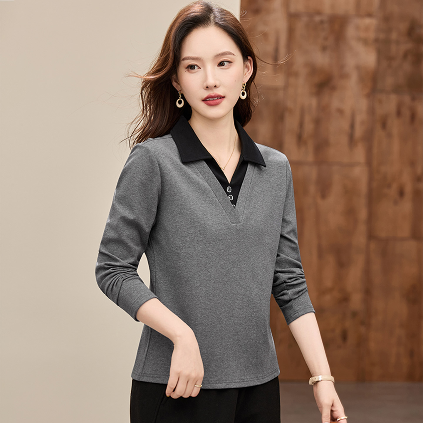 精梳长绒棉休闲POLO领打底衫正肩洋气百搭长袖t恤宽松时尚女装潮