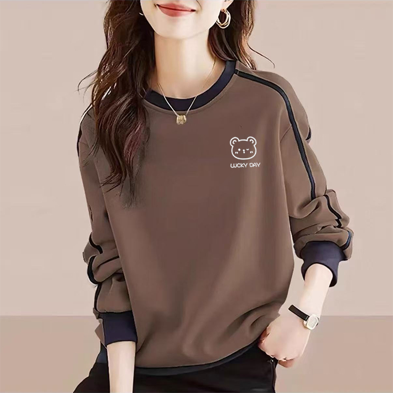 秋季新款拼色圆领女装卫衣韩版洋气时尚大码宽松显瘦胖mm加绒上衣