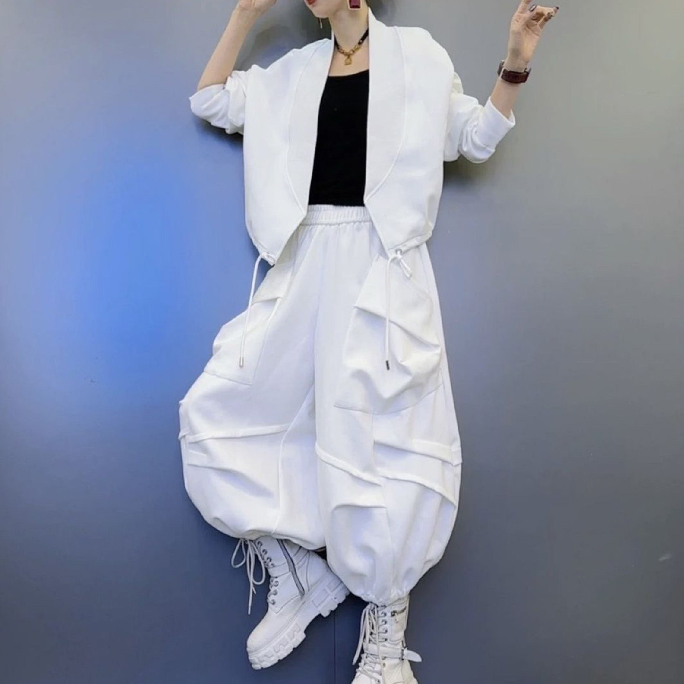 2025春季新款时尚套装新款个性卫衣褶皱设计灯笼裤宽松两件套百搭