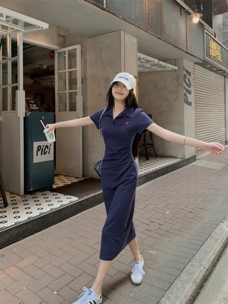 polo刺绣短袖裙休闲连衣裙通勤洋气新款收腰显瘦裙子女法式8803