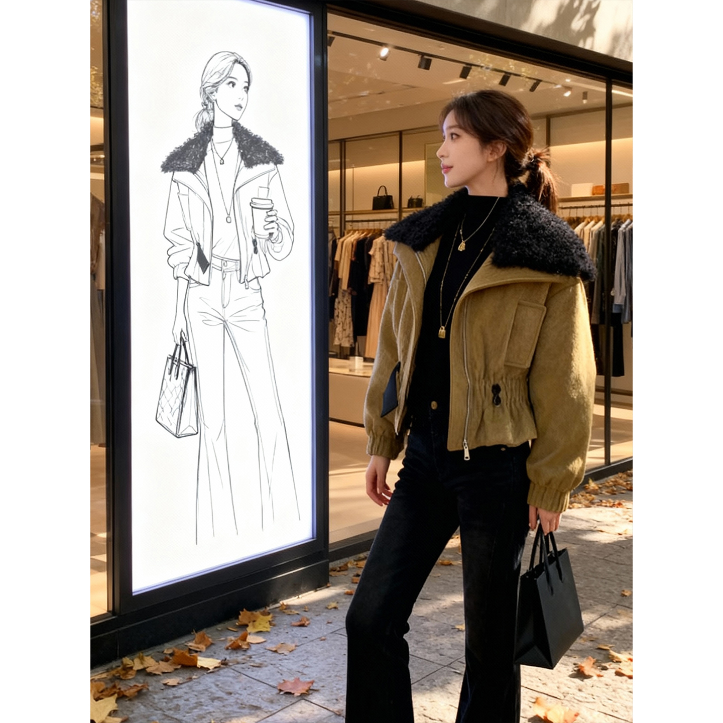 美式复古毛毛领短款外套女撞色翻领上衣韩版百搭保暖加绒显瘦夹克