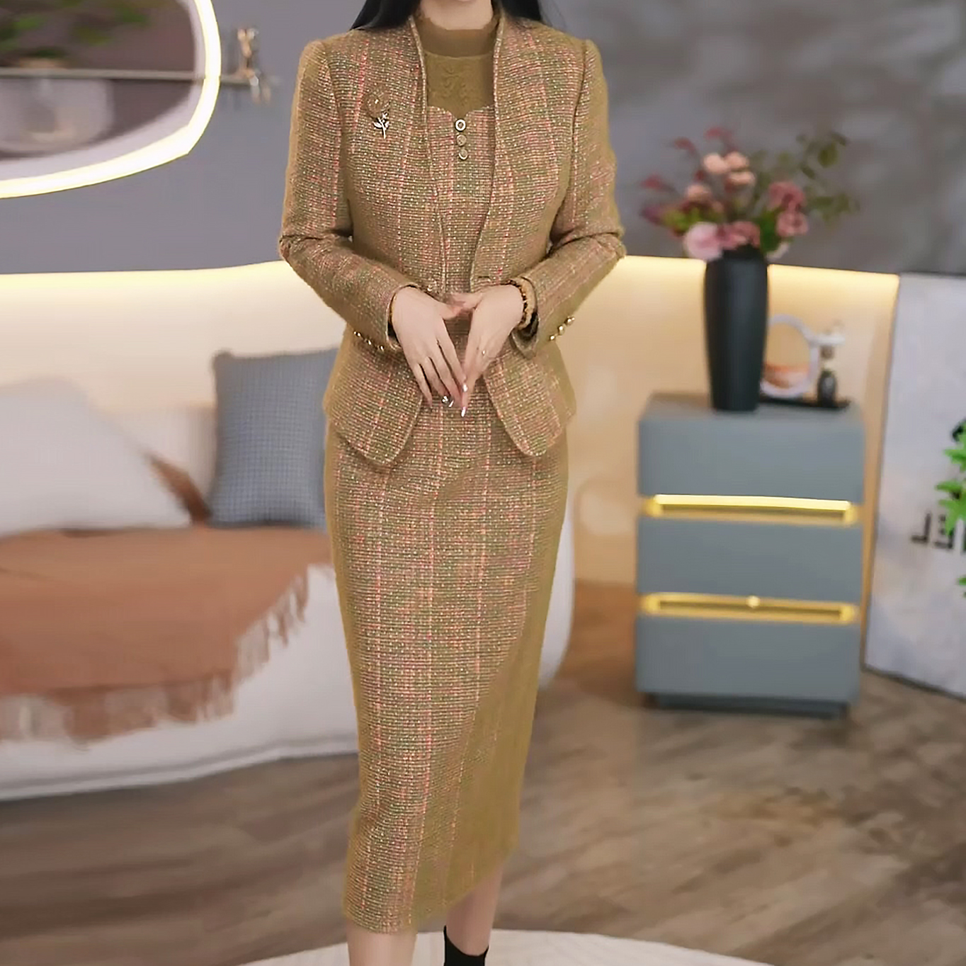 【加棉西装外套+连衣裙】两件套2025秋冬季新款气质显瘦女装套装裙