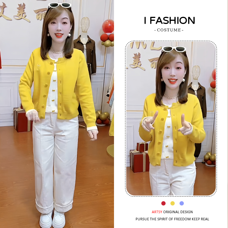 设计感时尚假两件针织衫女2026春秋新款百搭洋气显瘦撞色拼接上衣