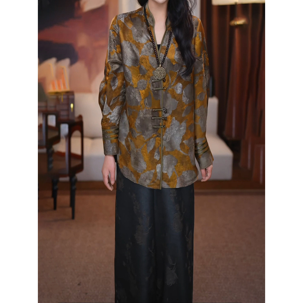 高级感国风百搭套装女轻奢2025新新中式洋气质印花盘扣衬衫休闲裤